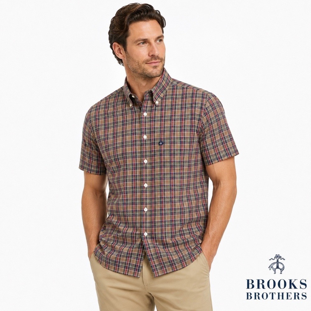Brooks Brothers 346 Men's Large Plaid Button Front Shirt Short Sleeve Cotton L